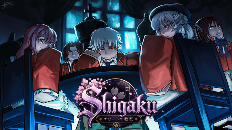 A group of Shigaku students in school uniforms gathered around classroom desks under moody blue lighting.