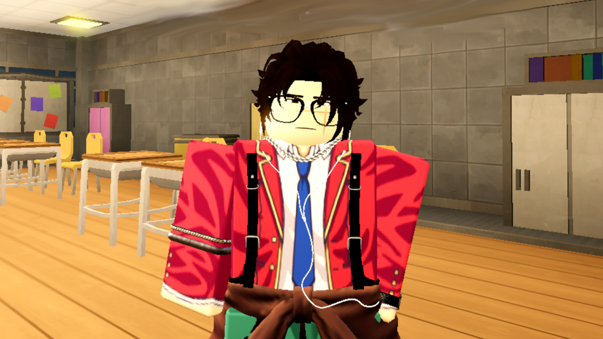 A Shigaku student in the maroon school uniform with glasses and earphones, standing in a classroom