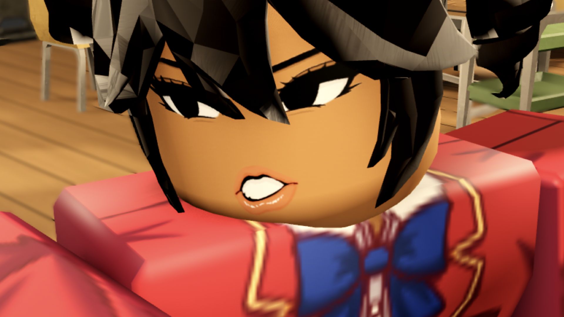 Close-up of a Shigaku student character's face, dark hair, and red school blazer